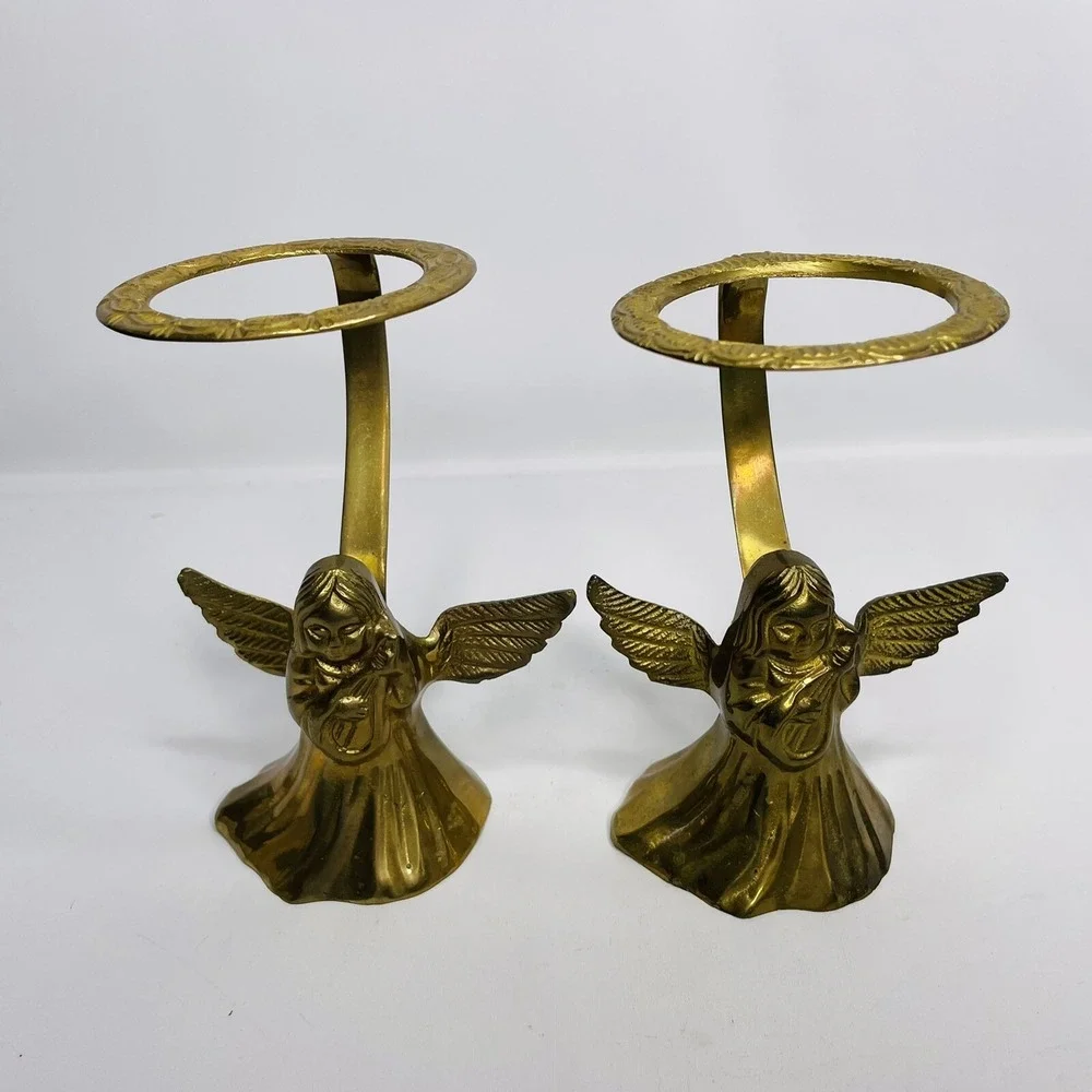 Vintage pair of Brass Harp‎ Playing Angels Candle Holders 6 1/4